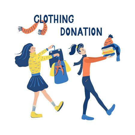 Clothing donation. Lettering and vector illustration isolated on white background. Women bringing their used clothes to charity. Mindful lifestyle.のイラスト素材