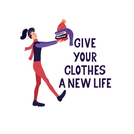 Give your clothes a new life. Lettering and vector illustration isolated on white background. Woman bringing her used clothes to charity. Clothing donation concept. Mindful lifestyle.のイラスト素材
