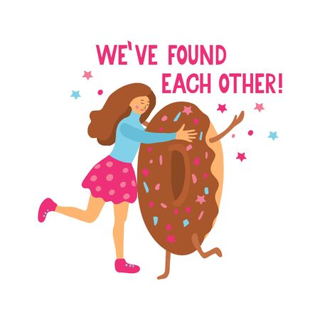 A nice girl and cute tasty donut have found each other. Funny quote, lettering. Hand drawn vector illustration isolated on white background. Great for food poster design, bakery and pastry products.のイラスト素材