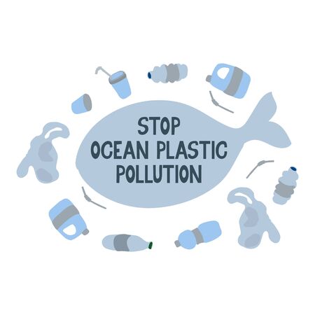 Stop ocean plastic pollution. Lettering on a silhouette of a whale. Plastic trash-bottles, bags, cups, straws, fishing nets, canisters. Ecological poster. Vector illustration isolated on white.のイラスト素材