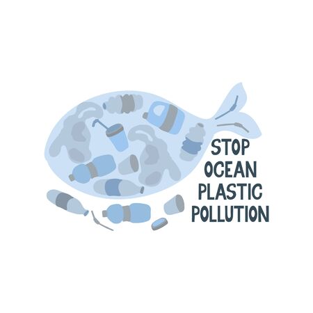 Stop ocean plastic pollution. Lettering and silhouette of whale full of plastic trash - bottles, bags, cups, straws, fishing nets, canisters. Ecological poster. Vector illustration isolated on white.のイラスト素材