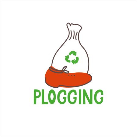 Plogging sign. Vector hand drawn illustration and lettering with a red sneaker and a garbage bag. Ecology poster. Isolated on white.のイラスト素材