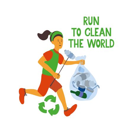 Run to clean the world. Hand drawn lettering with a running girl. She has a garbage bag and a stick for picking up rubbish. Plogging eco concept. Vector Illustration isolated on white. Ecology poster.のイラスト素材