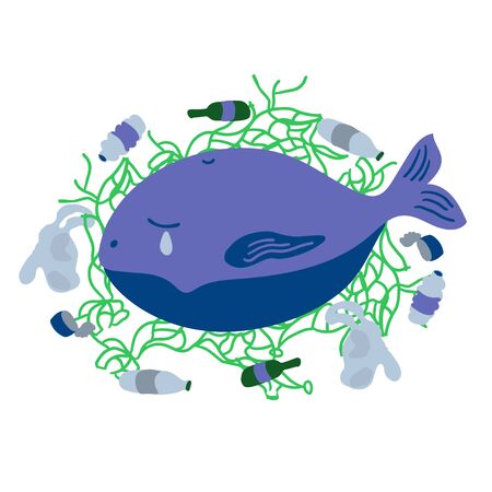 Suffering whale and trash in a dirty ocean. There are plastic and glass bottles, bags, fishing nets, tin. Ecological poster. Environmental Protection concept. Vector illustration.のイラスト素材