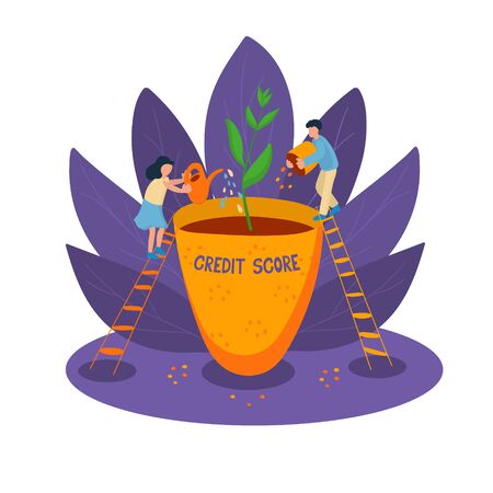 People start building their credit score at the beginning of adulthood. People grow a plant association. Vector illustration isolated on white background.のイラスト素材