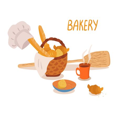 Vector illustration of bakery products. Wicker basket full of fresh broad, buns and croissants, chef hat, cute tea mug, wood shovel isolated on white background. Hand drawn lettering.のイラスト素材