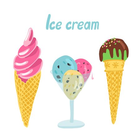Set of ice cream in waffle cones and in a glass cup. Decorated with chocolate glaze. Green, pink, yellow and mint colors. Hand drawn vector illustration and lettering isolated on white background.のイラスト素材