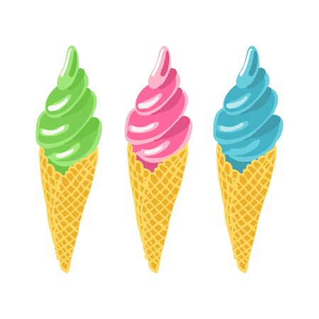 Set of soft ice cream in waffle cones. Green, pink, blue colors. Hand drawn vector illustration isolated on white background.のイラスト素材