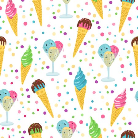 Vector seamless pattern with hand drawn ice cream in waffle cones and glass cups. Polka dots colorful background. Great for fabrics, wrapping papers, covers.のイラスト素材