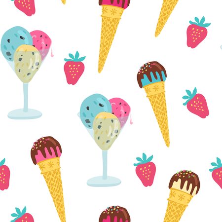 Vector seamless pattern with hand drawn strawberries, ice cream in waffle cones and glass cups on white. Great for fabrics, wrapping papers, covers.のイラスト素材