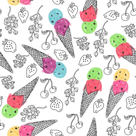 Vector seamless pattern with hand drawn berries and ice cream cones on white. Great for fabrics, wrapping papers, covers. Doodle style with bright color elements. Strawberries, currant, cherries.のイラスト素材