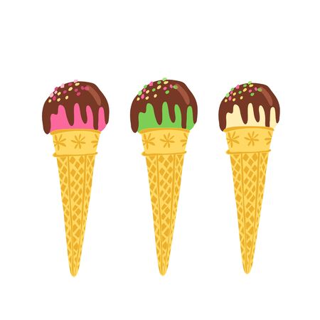 Set of ice cream balls in waffle cones decorated with chocolate glaze. Green, pink, yellow colors. Hand drawn vector illustration isolated on white background.のイラスト素材