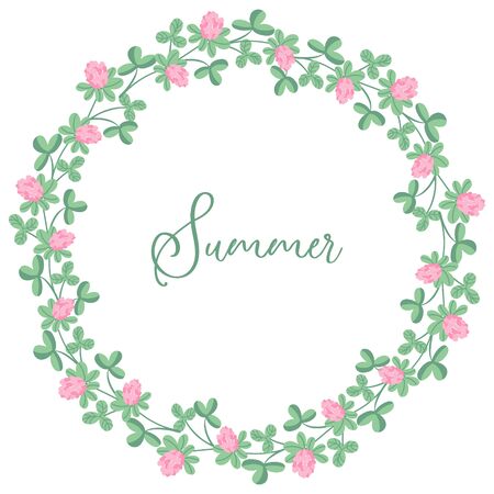 A beautiful summer wreath with clover flowers and leaves. Hand drawn vector illustration isolated on white background. Border design, round form.のイラスト素材