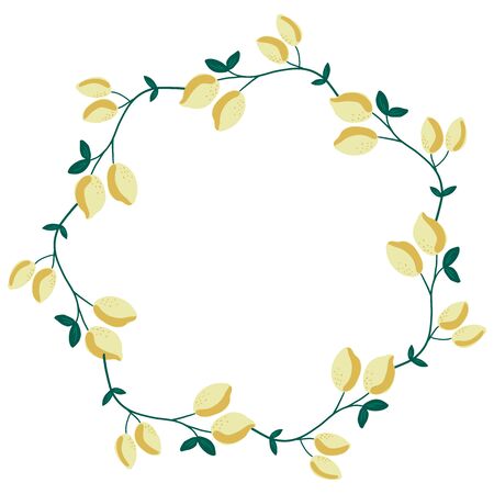 Round frame with decorative lemons and leaves. Vector hand drawn illustration isolated on white background. Great for package design, home decor, invitation cards.のイラスト素材