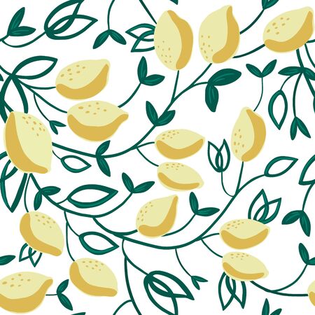 Seamless pattern with decorative yellow lemons and leaves. Great for fabrics, tablecloths, wrapping papers, wallpapers, covers. Vector hand drawn illustration on white background.のイラスト素材