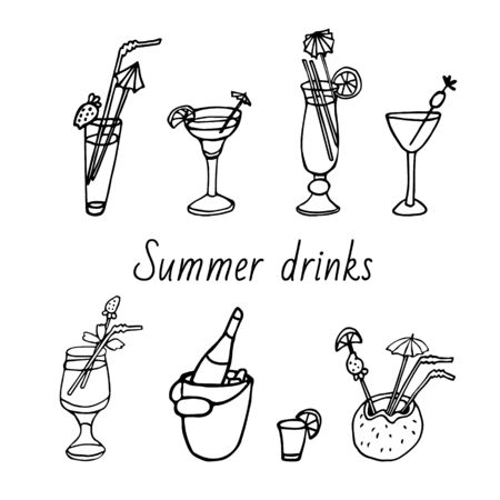 Hand drawn set of summer cool drinks in doodle style. Different cocktails. Sketches in a black ink on a white background. Vector illustration.のイラスト素材