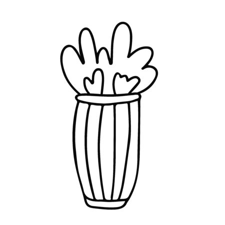House plant in a striped pot. Doodle style. Hand drawn vector illustration in black ink on white backgroundのイラスト素材