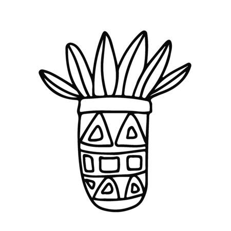 House plant in a pot decorated with geometric ornaments. Doodle style. Hand drawn vector illustration in black ink on white background.のイラスト素材