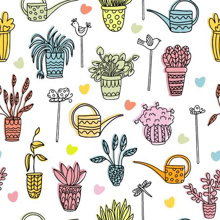 Doodle vector seamless pattern with houseplants in pots, watering cans, birds, dragonflies, butterflies. Color elements. Great for fabrics, wrapping papers, covers. Ink hand drawn illustration on whiteのイラスト素材