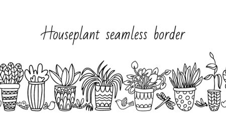 Vector seamless border with houseplants in pots decorated with ornaments on white background. Decorative butterflies, dragonflies and birds. Doodle style illustration in black ink.のイラスト素材