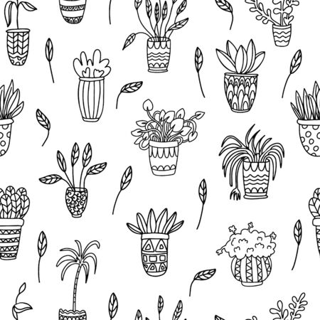 Vector seamless pattern with houseplants in pots decorated with ornaments on white background. Great for fabrics, wrapping papers, wallpapers, covers. Hand drawn illustration in doodle style black inkのイラスト素材