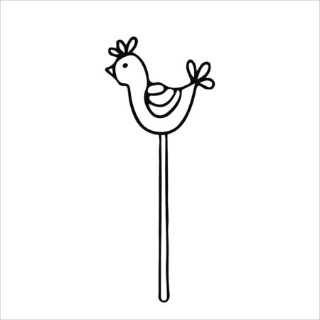 Decorative figure of a rooster on a stick in doodle style. Hand drawn vector illustration in black ink isolated on white background.のイラスト素材