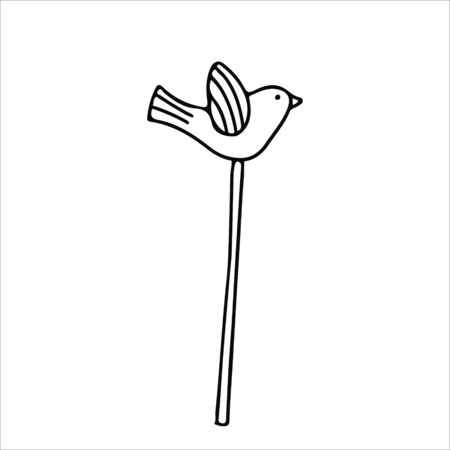 Decorative figure of a flying bird on a stick in doodle style. Hand drawn vector illustration in black ink isolated on white background.のイラスト素材
