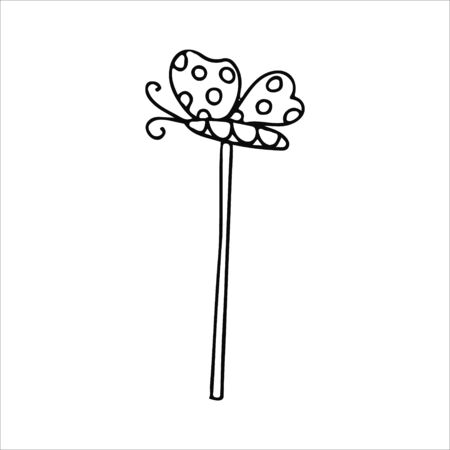 Decorative figure of a butterfly on a stick in doodle style. Hand drawn vector illustration in black ink isolated on white background.のイラスト素材