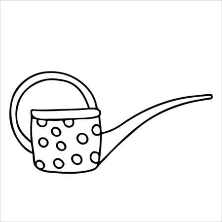 Watering can long spout decorated with polka dots in doodle style. Hand drawn vector illustration in black ink isolated on white background.のイラスト素材