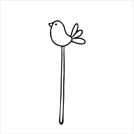 Decorative figure of a sitting bird on a stick in doodle style. Hand drawn vector illustration in black ink isolated on white background.のイラスト素材