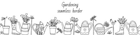 Vector seamless border with watering cans, flower pots, tulips, rubber boots. Figures of bird, butterfly and dragonfly on sticks. Doodle style illustration in black ink isolated on white background.のイラスト素材