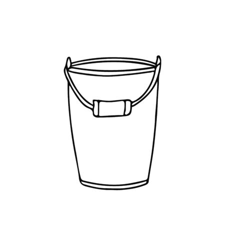 Garden bucket in doodle style. Hand drawn vector illustration in black ink isolated on white background.のイラスト素材