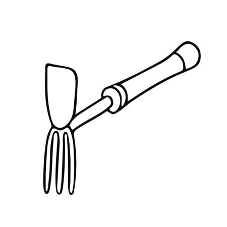 Gardening hoe in doodle style. Hand drawn vector illustration in black ink isolated on white background.のイラスト素材