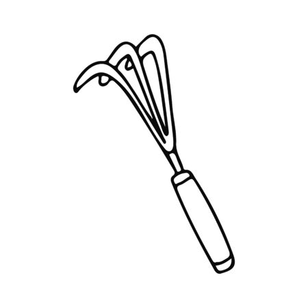 Gardening hoe in doodle style. Hand drawn vector illustration in black ink isolated on white background.のイラスト素材