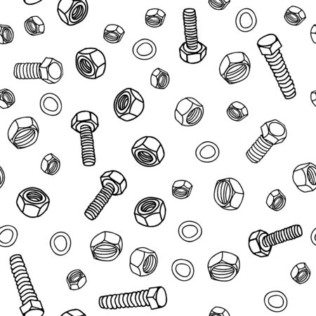 Vector seamless pattern with nuts and hex bolts on white background. Great for fabrics, wrapping papers, wallpapers, covers. Doodle style illustration in black ink.のイラスト素材