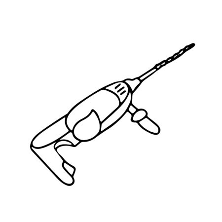 Hammer drill in doodle style. Isolated outline. Hand drawn vector illustration in black ink on white background.のイラスト素材