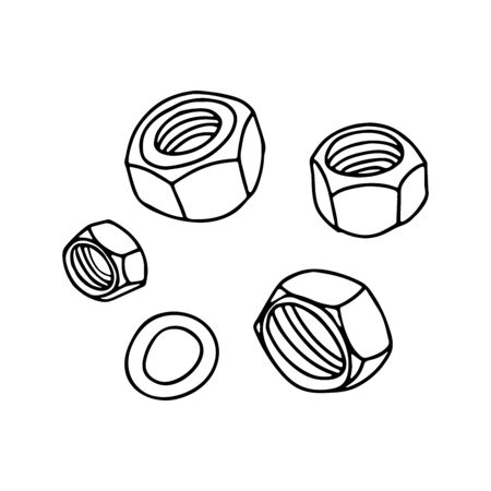 Nuts for hex bolts in doodle style. Isolated outline. Hand drawn vector illustration in black ink on white background.のイラスト素材