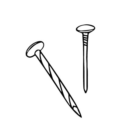 Construction nails for in doodle style. Isolated outline. Hand drawn vector illustration in black ink on white background.のイラスト素材