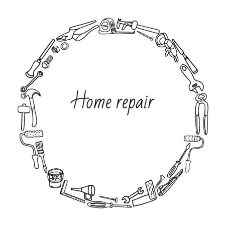 Round frame composition of home repair tools. Hand drawn vector illustration isolated on white. Doodle border design.のイラスト素材