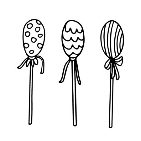 Easter eggs on sticks decorated ornaments in doodle style. Great for Easter greeting cards. Hand drawn vector illustration in black ink. Isolated outline.のイラスト素材