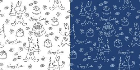 Set of vector seamless patterns with easter cakes, rabbits, wicker basket full of eggs, daisies. Doodle style in black ink on white and white on navy blue. Great for fabric, wrapping papers, covers.のイラスト素材