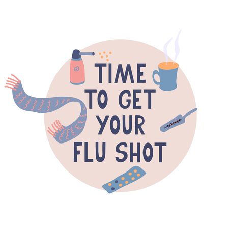 Time to get your flu shot. Vector poster with pills, scarf, thermometer, mug of hot tea, throat spray. Hand drawn lettering. Vector illustration. Vaccination conceptのイラスト素材