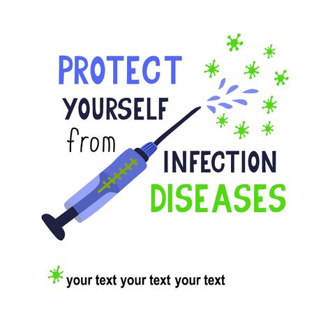 Protect yourself from infection diseases. Vaccination vector poster template with syringe and bacteria. Hand drawn lettering. Illustration on white background.のイラスト素材