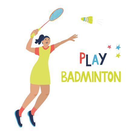 Singles badminton game. Woman swinging her racket trying to beat off a shuttlecock. Vector illustration isolated on white. Jumping player. Great for sport posters. Play badminton lettering.のイラスト素材