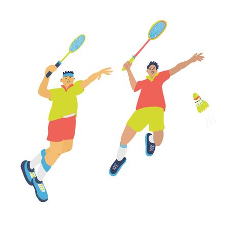 Doubles badminton game. Men jump and swing their rackets to beat off a shuttlecock. Great sport poster. Vector illustration isolated on white background. Blue, yellow, red colors.のイラスト素材