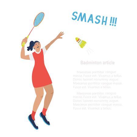 Singles badminton game. Woman swinging her racket trying to beat off a shuttlecock. Vector illustration isolated on white. Jumping player. Smash lettering. Template for sport articles. Square format.のイラスト素材