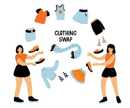 Clothing swap. Hand drawn lettering and vector illustration isolated on white background. Friends exchange their clothes and shoes.のイラスト素材