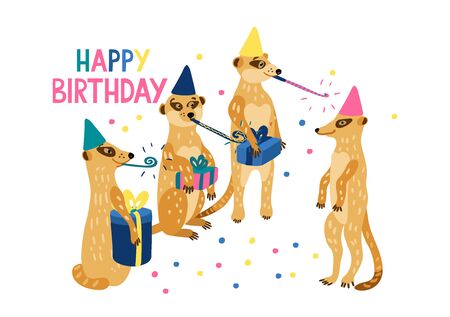 Happy meerkats holding gift boxes and celebrate birthday of their family member. They have party blowers. Vector hand drawn illustration isolated on white. Happy Birthday lettering. Greeting card.のイラスト素材