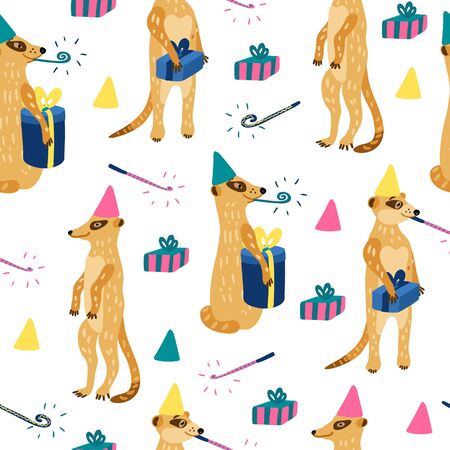 Vector seamless pattern with cute meerkats. They have gift boxes and party blowers. Great for fabrics, baby clothes, wrapping papers. Happy birthday theme.のイラスト素材