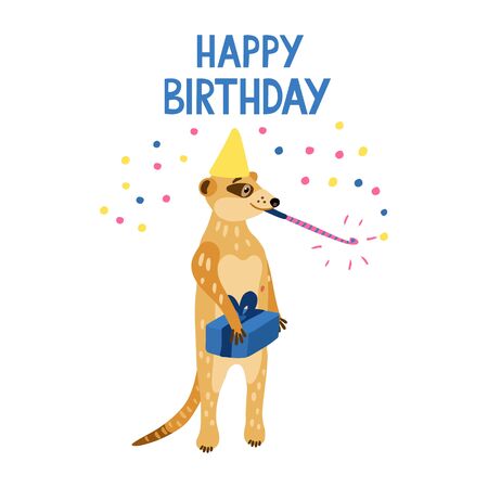 Happy birthday Lettering with an adorable meerkat blowing a party horn. He has a party hat and a gift box. Hand drawn vector illustration isolated on white background. Greeting card.のイラスト素材